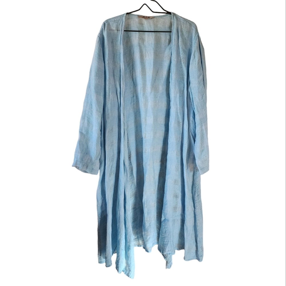 FLAX Lagenlook Light Blue Linen Duster Robe Stripe Longsleeve Size Large
